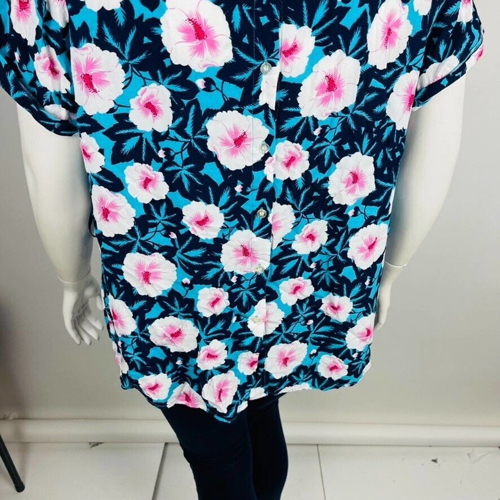 Westport Womans Sz 2X Blouse Shirt Floral Blue Short Sleeve Tie Detail - Picture 7 of 7